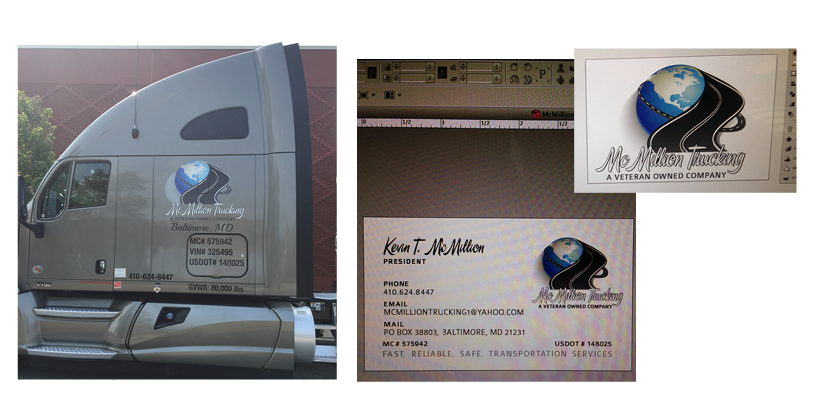 McMillion Trucking Company decal, logo and business card